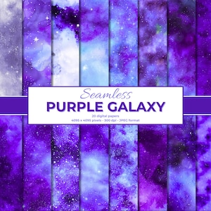 Purple Galaxy Digital Paper, Galaxy stars digital paper, space background, watercolor galaxy, cosmic paper, purple seamless printable paper