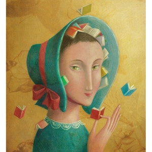 Stampa artistica "Donna che legge un libro", regalo d'arte per gli amanti dei libri, decorazione per angolo lettura della biblioteca Cottagecore, opera d'arte originale illustrata a mano