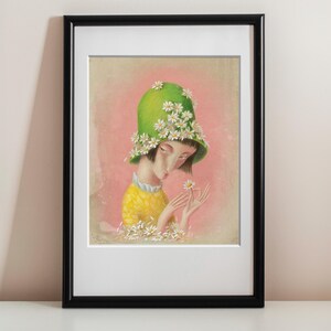 Stampa artistica "Lover Hat", ritratto di donna con cappello a margherite, decorazione murale femminile con fiori colorati, opera d'arte originale illustrata a mano