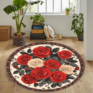 Floral Rosen Rund Teppich: Romantische Wohnzimmer Dekor