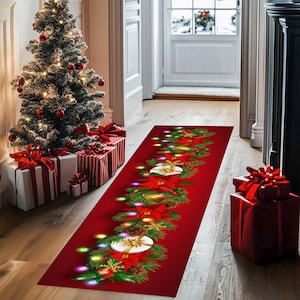 Christmas Hallway Runner Rug: Snowflakes & Poinsettia Decoration