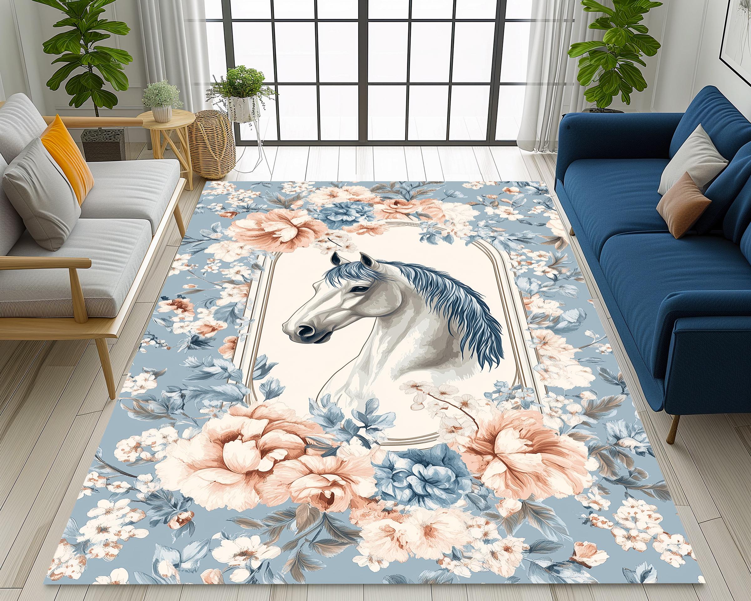 White Horse Rug: Floral Animal Print, Autumn Colors