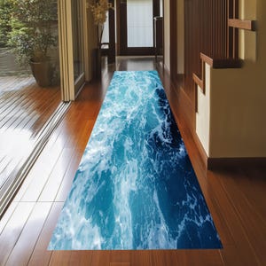 Ocean Wave Runner Rug: Blue Sea Pattern, Non-Slip Cotton Base