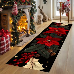 Christmas Runner Rug: Poinsettia & Holly Hallway Decor