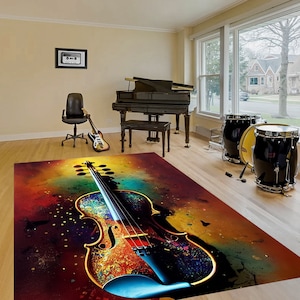 Colorful Violin Rug: Abstract Music Room Decor