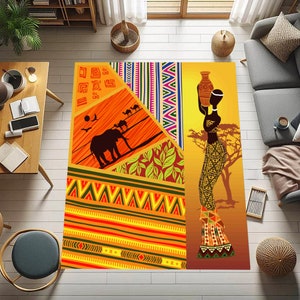 African Rug, African Woman Rug, African Art Rug, African Style Rug, Ethnic Theme Rug, Tree and Animals Rug, Living Room Rug, Decor Rug,