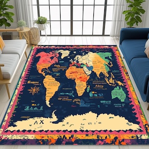 Kaarttapijt, vloerkleed wereldkaart, kaarttapijten, vloerkleed aarde, aardekaart, vloerkleed kaartthema, patroonkaarttapijt, decor aardrijkskundethema, vloerkleed huisdecor, vloerkleed, cadeautapijt