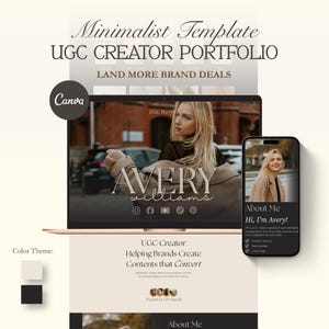 Può includere: Un modello digitale per portfolio di creatore UGC visualizzato su uno schermo di laptop e smartphone. Il design presenta il testo Minimalist Template UGC CREATOR PORTFOLIO, LAND MORE BRAND DEALS, AVERY WILLIAMS e About Me, Hi, I'm Avery.