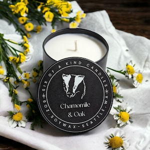 Hufflepuff Inspired Candle - Handmade Soy Wax Candle - Chamomile & Oak Scented (Potter Candle, Wizard Candle)