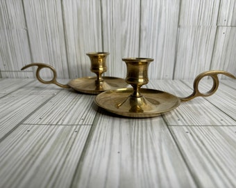 Vintage Set of Chamber Style Brass Candleholders| Brass Candleholders| Pair of brass Candleholders