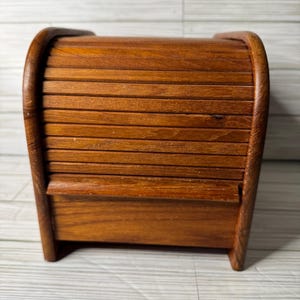 Mid-Century Modern Teak Tambour Roll-Top Storage Box – Divided Organizer – Vintage Desk or Vanity Organizer – MCM Home Decor