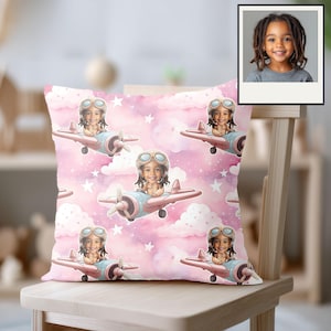 Personalized kids throw pillow, Aviator Kids&#39; Pillow, customized cushion, pilot, vintage plane design, kids room throw pillow, face cutout
