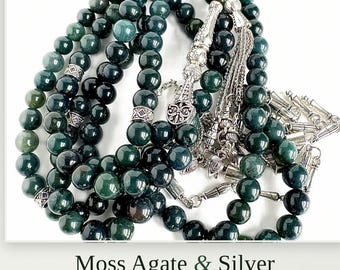 Tasbih de ágata musgosa verde de 99 cuentas / Cuentas de oración de piedra curativa natural / Misbaha artesanal de 8 mm con borlas de plata
