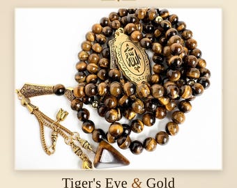 Tiger's Eye Tasbih 99 Beads | Natural Chatoyant Stone Prayer Beads | 8mm Handcrafted Misbaha with Gold Allah Pendant & Tassel