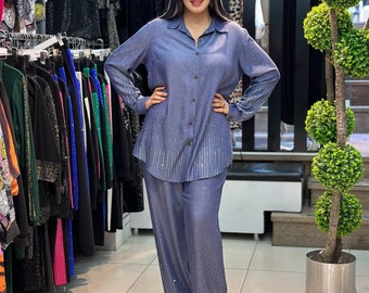 Women Blue Top and Trouser Set with Shiny Stones, Cotton Suit Set, Cotton Outfit, Elegant Outfit, Ladies Top and Pants