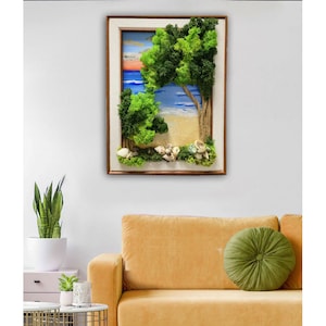 Sea Wall Moss Picture Art Framed Decor Accent Home Decor Moss Picture Tree of Life Gift Ideas Natural Piece Wedding decor Hand-painted