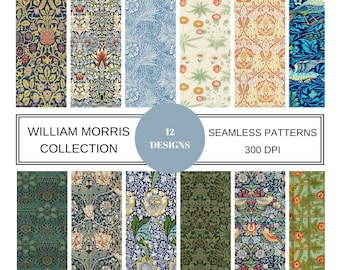 May include: A set of 12 seamless patterns featuring William Morris designs. The patterns are in various colors, including blue, green, red, and yellow. The patterns are 300 DPI.