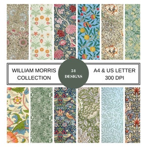 William Morris Digital Paper, Botanical Floral Patterns, Boho Floral Designs, Junk Journal Pages, vintage Floral Background, 54 Image Bundle