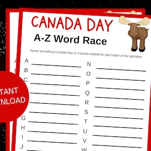 Canada Day A-Z Word Race Printable Game, Canada Day Activity For Kids and Adults, Canada Day Party Game, Printable Canada Day Game