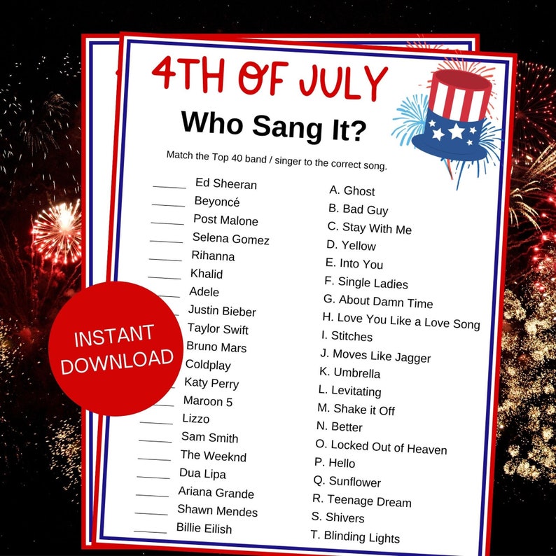 Singer Matching Game 4th of July Who Sang It Printable Game, Independence Day Party Games ...