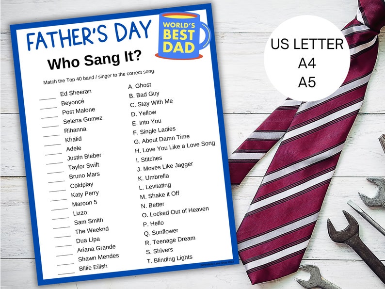 Singer Matching Game Fathers Day Who Sang It Printable Game, Fathers Day Activity for Kids ...