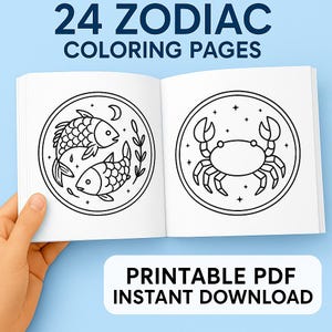 Kolorowanki Zodiaku do Wydruku | 24 Znaki Astrologii i Zwierzęta | Natychmiastowe Pobieranie Kolorowanki Dla Dorosłych | Horoskop Linia Sztuki PDF