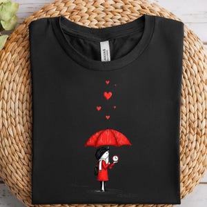 Love in the Rain PNG – Girl Waiting with Red Umbrella Sublimation Clipart – Romantic T-Shirt Art