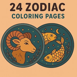 Zodiac Coloring Pages Printable | 24 Astrology Signs & Animals | Instant Download Adult Coloring Book | Horoscope Line Art PDF