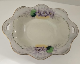 Vintage Hand Painted James Japanese Studio Porcelain Two Handled Dish with Pansies