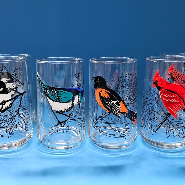 Vintage Anchor Hocking Bird Themed Drinking Glasses Set of 6 Bluejay/Baltimore Oriole/Cardinal (2)/Chickadee (2)