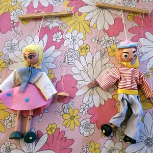 Vintage Set of 2 Wooden Marionette Puppets