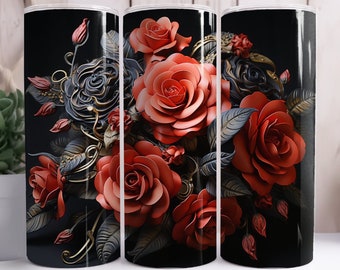 3D Black Red Flowers 20oz Tumbler Sublimation Wrap, Straight and Tapered Tumbler Wrap, High Resolution PNG, Instant Download, 300 DPI
