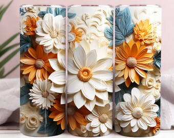 3D Orange White Flowers 20oz Tumbler Sublimation Wrap, Straight and Tapered Tumbler Wrap, High Resolution PNG, Instant Download, 300 DPI