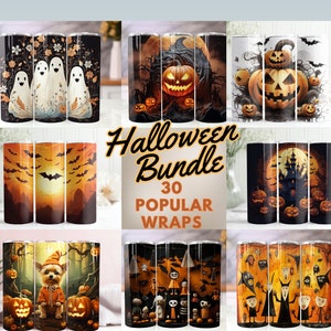 May include: A set of 30 Halloween-themed tumbler wraps. The wraps feature various designs, including ghosts, bats, pumpkins, and a haunted house. The text "Halloween Bundle 30 Popular Wraps" is displayed in the center of the image.
