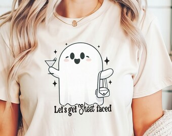 Lets Get Sheet Faced png, leuke Halloween-spook png-sublimatie, grappige dronken spook T-shirt png, drinken Halloween-shirt digitale download