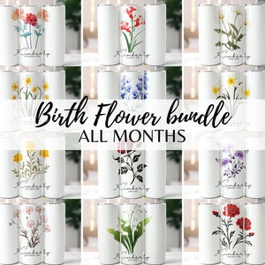 Birth Flower Bundle 20oz Skinny Tumbler Wrap, Birthday Flower Tumbler, Add your Own Text Skinny Tumbler PNG, Month Floral Digital Download