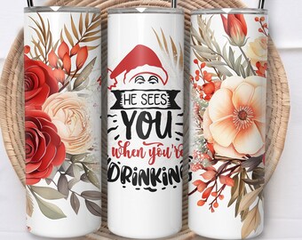 Vino de Navidad Divertido Envoltura de vaso flaco de 20 oz, Diseño de vaso de bebida de flores boho, Vacaciones 20 oz, png floral de Navidad, Descarga sin costuras