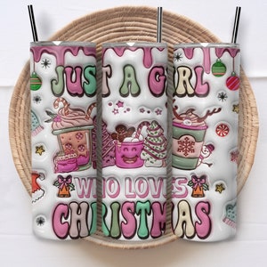 3D Girl Loves Christmas 20oz Skinny Tumbler Wrap, diseño de vaso de Navidad rosa inflado, Navidad 20 oz vaso PNG, descarga digital navideña