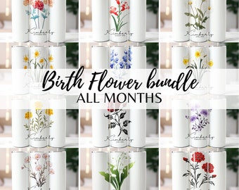 Birth Flower Bundle 20oz Skinny Tumbler Wrap, Birthday Flower Tumbler, Add your Own Text Skinny Tumbler PNG, Month Floral Digital Download