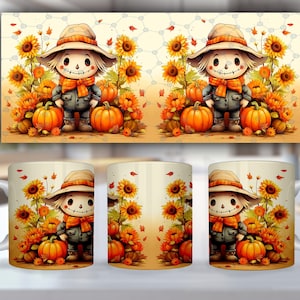 May include: Two white ceramic mugs with a fall-themed design. Each mug features a cartoon scarecrow with a brown hat and a scarf, standing in a field of sunflowers and pumpkins. The mugs are perfect for enjoying a warm beverage on a chilly autumn day.