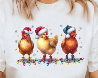 Chickens Christmas PNG, Merry Christmas Tshirt Design, Rooster Xmas T Shirt Png, Christmas Chickens png, Farm Christmas, Xmas Lights png 45
