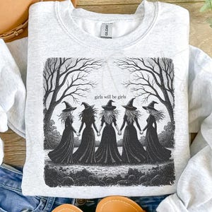 Dziewczyny będą dziewczynami png, Śmieszne czarownice png, Vintage czarownice dziewczyny png, Vintage Halloween damska koszulka png, Witchy Vibes png, Vintage Halloween