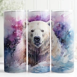 Watercolor Polar Bear 20oz Tumbler Sublimation Wrap, Arctic Straight and Tapered Tumbler, High Resolution PNG, Instant Download, 300 DPI