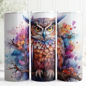 Watercolor Night Owl 20oz Tumbler Sublimation Wrap, Straight and Tapered Tumbler, High Resolution PNG, Instant Download, 300 DPI