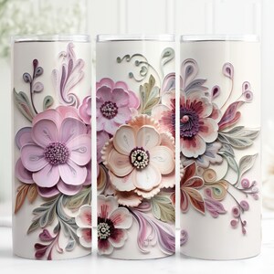 3D Pink Flowers 3 20oz Tumbler Sublimation Wrap, Embroidery Straight and Tapered Tumbler, High Resolution PNG, Instant Download, 300 DPI