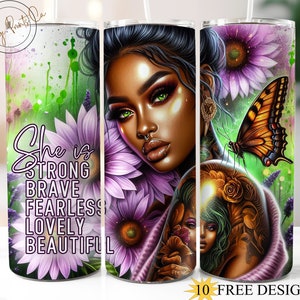 She is Strong 20oz Skinny Inspiration Tumbler Wrap, Self Help Tumbler Design, butterfly png, Mental Health Awareness Tumbler, Sunflowers png