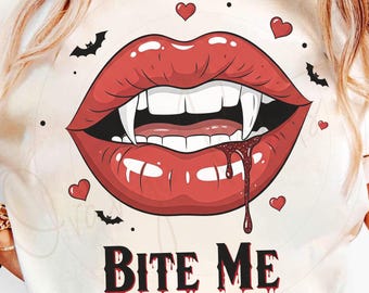 Bite Me PNG, Vampire Lips Sublimation Design, Sexy Fang and Blood Clipart, Gothic Halloween Printable, Halloween Horror Lips png for shirts