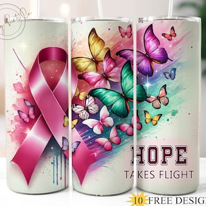 Breast Cancer Awareness, Pink Ribbon Butterfly 20oz Tumbler Sublimation Wrap, Hope Takes Flight Tumbler Motivational png, Inspiration Png 5