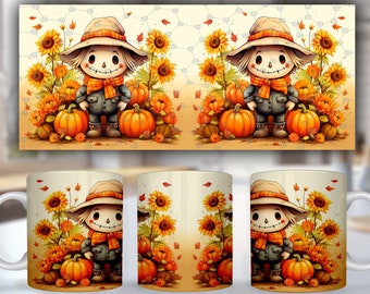 May include: Two white ceramic mugs with a fall-themed design. Each mug features a cartoon scarecrow with a brown hat and a scarf, standing in a field of sunflowers and pumpkins. The mugs are perfect for enjoying a warm beverage on a chilly autumn day.