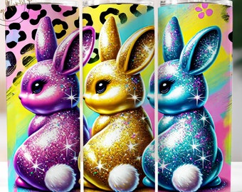 Cute Easter Bunnies Leopard 20oz Skinny Tumbler Wrap, Happy easter Tumbler Sublimation Design, Glitter Easter Bunny 20 oz digital download